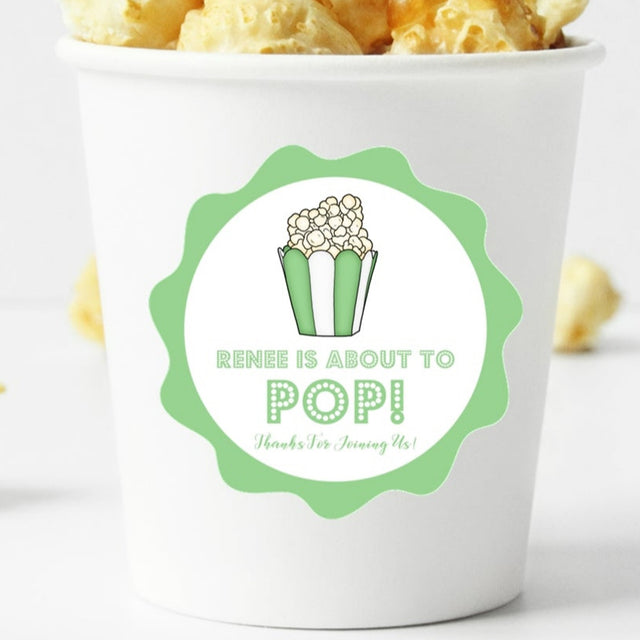 gender neutral popcorn baby shower sticker in green and white