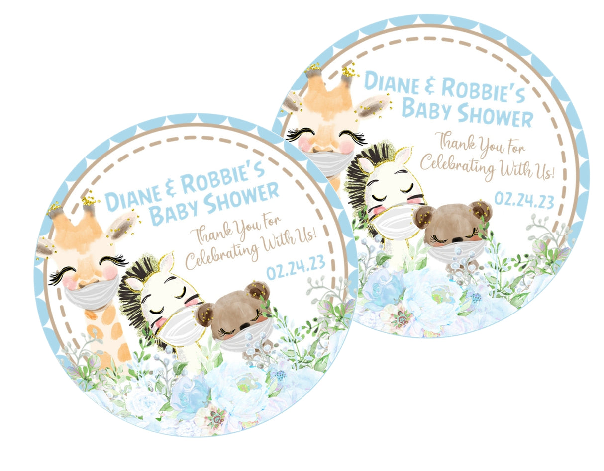 gender neutral safari baby shower stickers with blue florals and masks