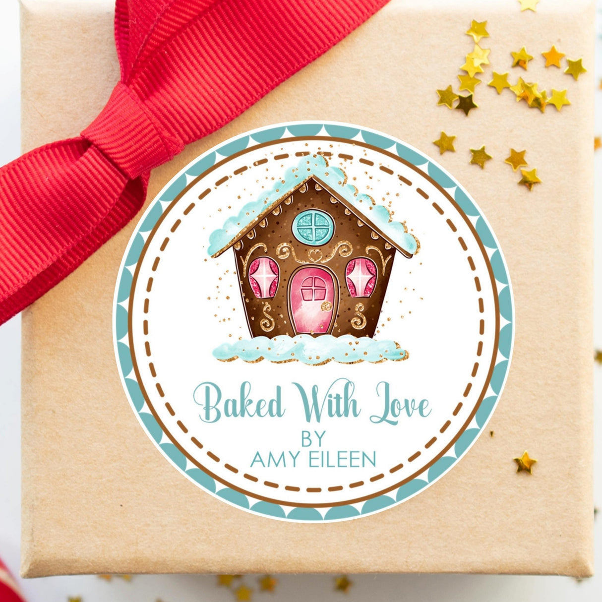 gingerbread house christmas sticker with aqua and pink bakery design