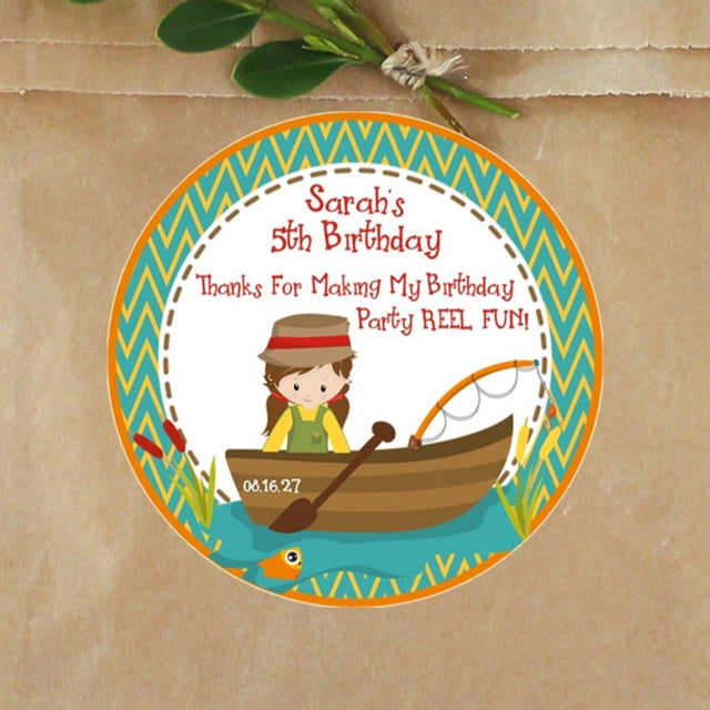 girl fishing birthday sticker in wooden boat