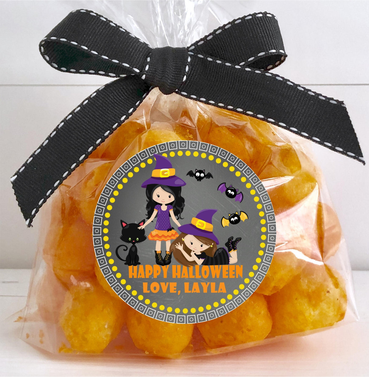 girl witch halloween party sticker with festive accents