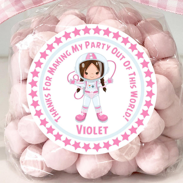 girls astronaut birthday sticker with pink star border