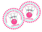 girls bowling party favor label in pink and aqua