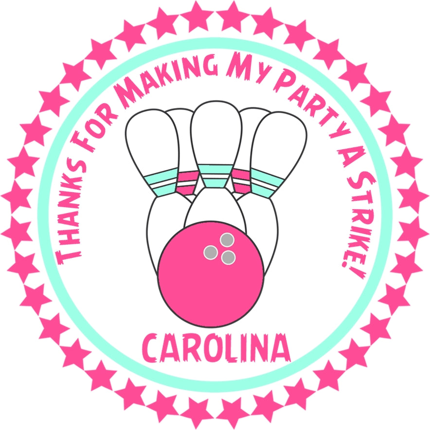 girls bowling party sticker with star border and personalized text