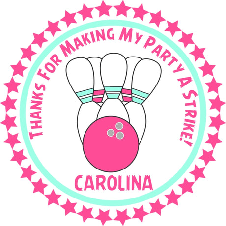 girls bowling party sticker with star border and personalized text
