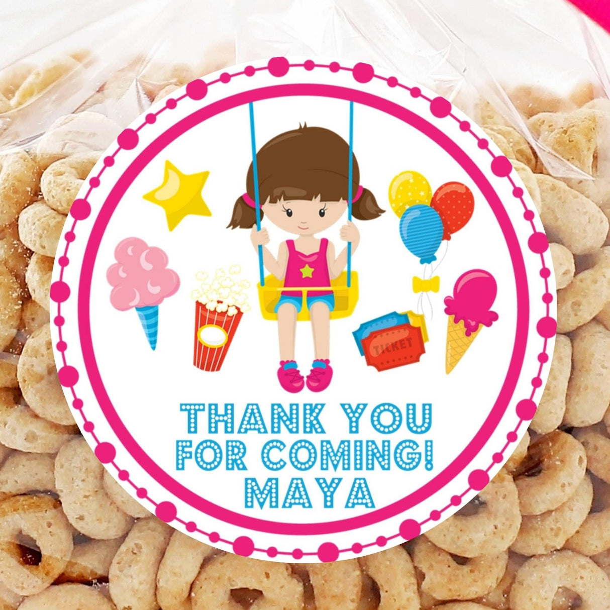girls carnival birthday stickers with swing and treats