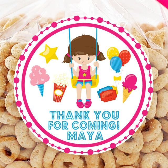 girls carnival birthday stickers with swing and treats