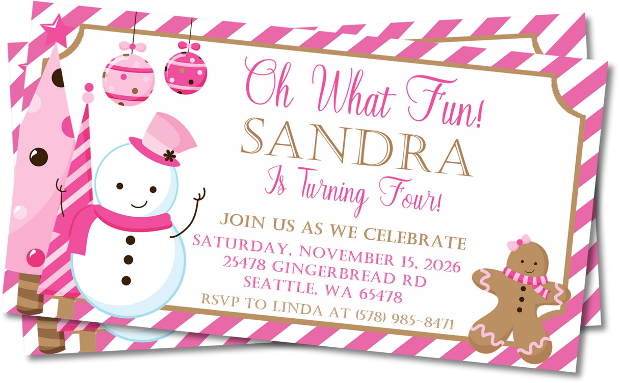 girls christmas birthday invitations pink holiday design