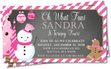 girls christmas birthday invitations pink snowman gingerbread holiday design