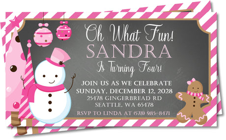 girls christmas birthday invitations pink snowman gingerbread holiday design