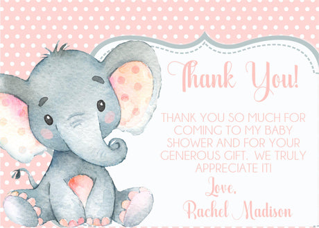 girls elephant baby shower thank you cards pink design