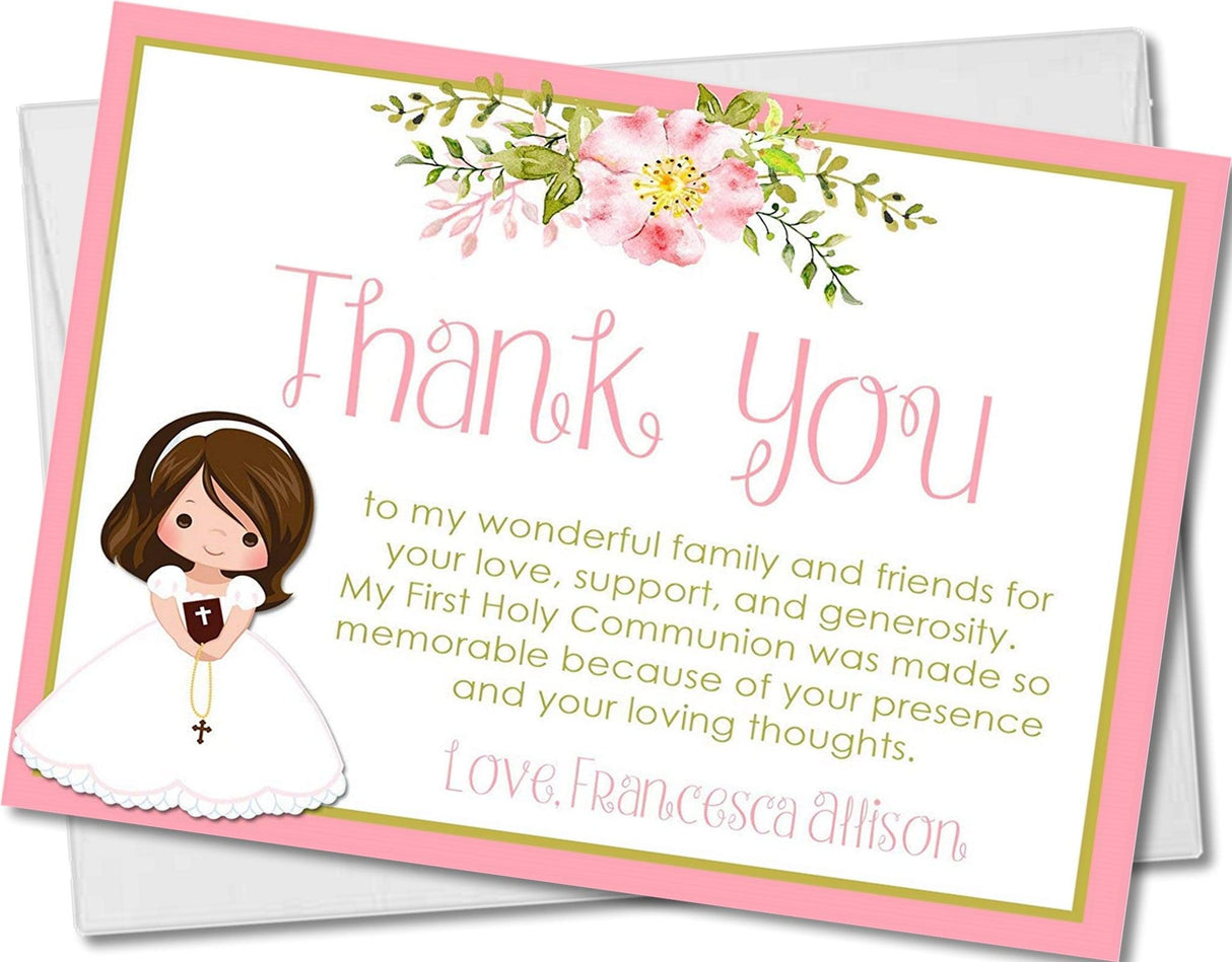 girls first holy communion thank you cards floral pastel design