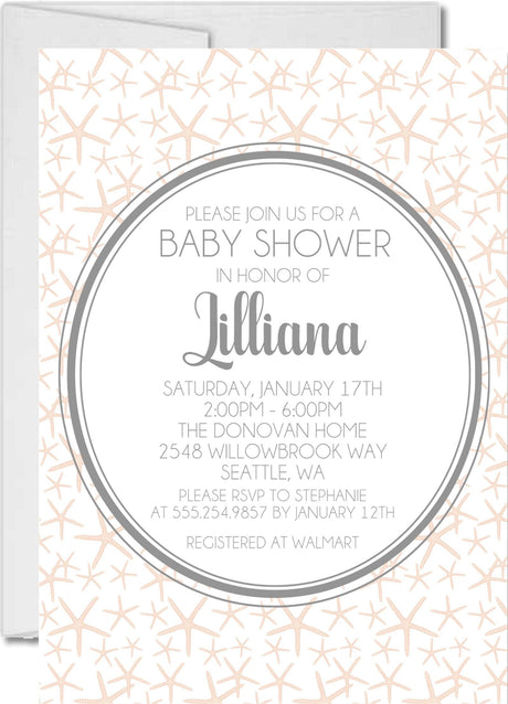 girls peach starfish baby shower invitations ocean theme