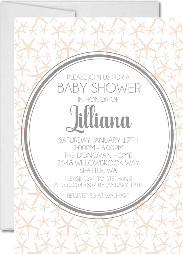 girls peach starfish baby shower invitations ocean theme