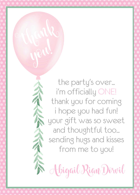 girls pink balloon birthday thank you cards baby first birthday style
