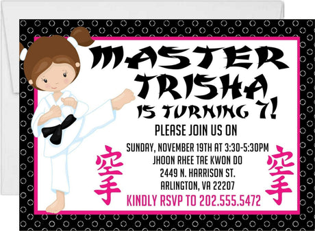 girls pink black karate birthday invitations