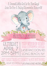girls pink elephant baby shower invitations pastel watercolor floral design