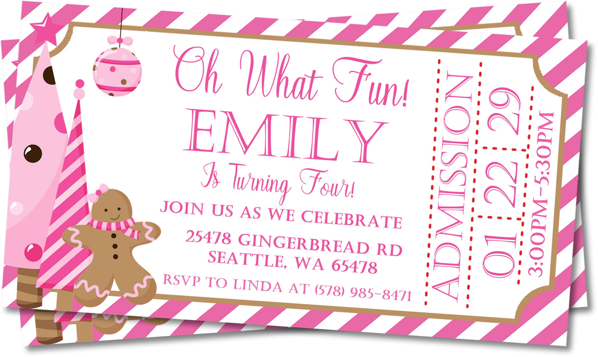 girls pink gingerbread birthday invitations festive winter theme