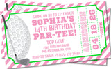 girls pink golf birthday ticket invitations admit one golf theme