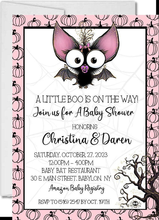 girls pink halloween little boo baby shower invitations cute bat pumpkin theme