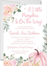 girls pink little pumpkin baby shower invitations floral autumn watercolor design
