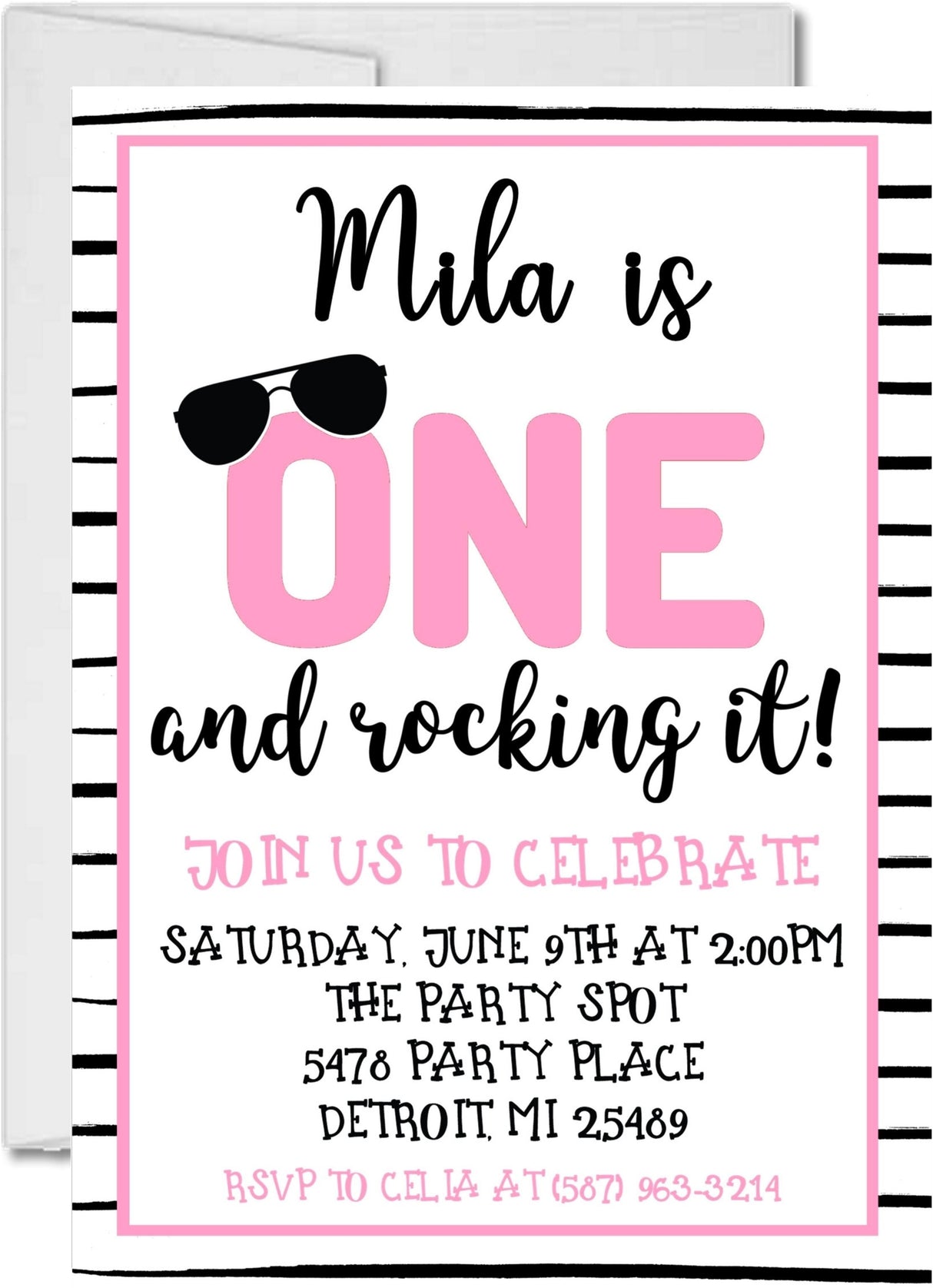 girls pink one and rocking it birthday invitations modern party theme