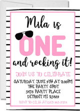 girls pink one and rocking it birthday invitations modern party theme