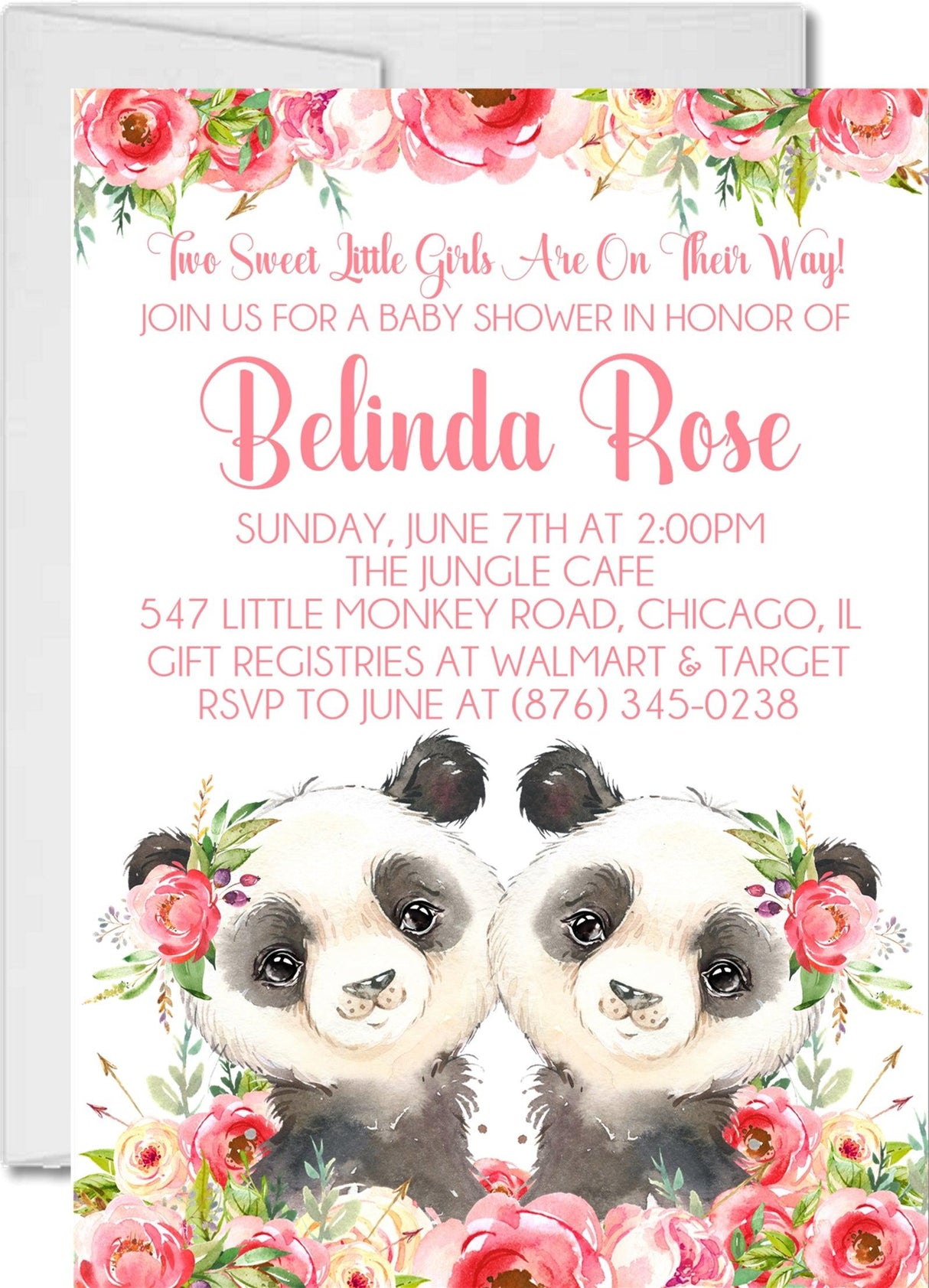 girls pink twin panda baby shower invitations