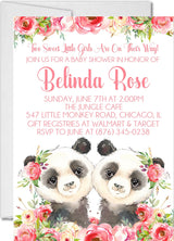 girls pink twin panda baby shower invitations