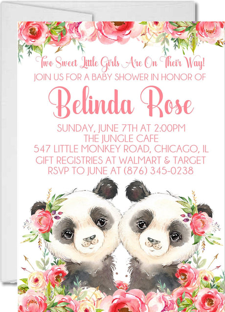 girls pink twin panda baby shower invitations