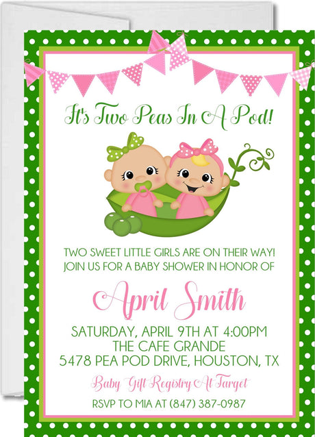 girls pink two peas in a pod baby shower invitations colorful banner design