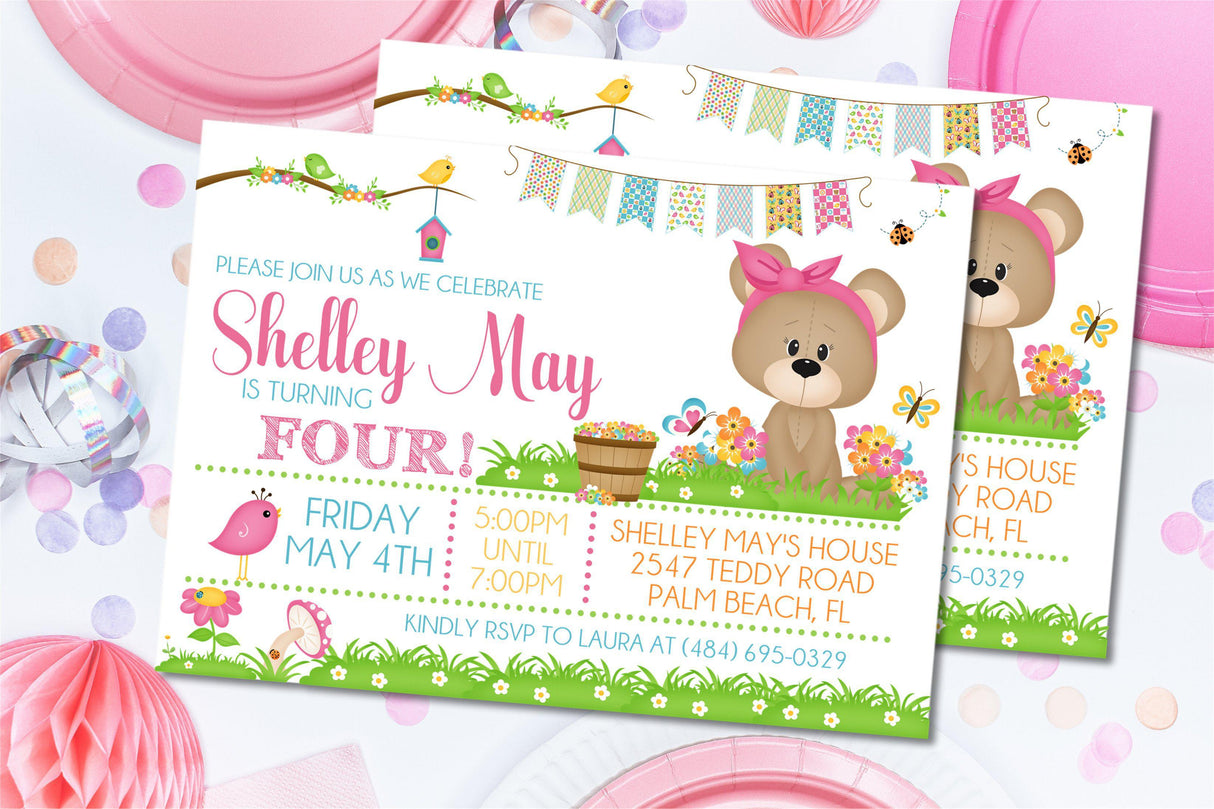 girls teddy bear birthday invitations colorful spring theme