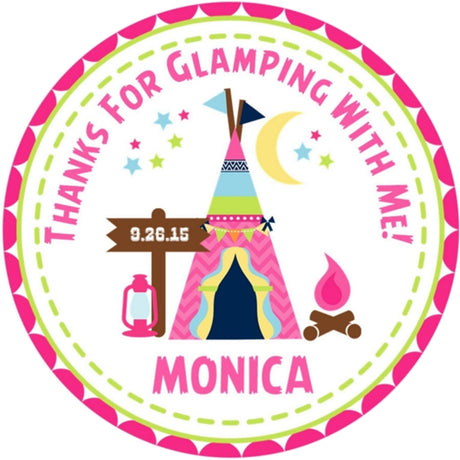 glamping birthday sticker with teepee tent and campfire scene