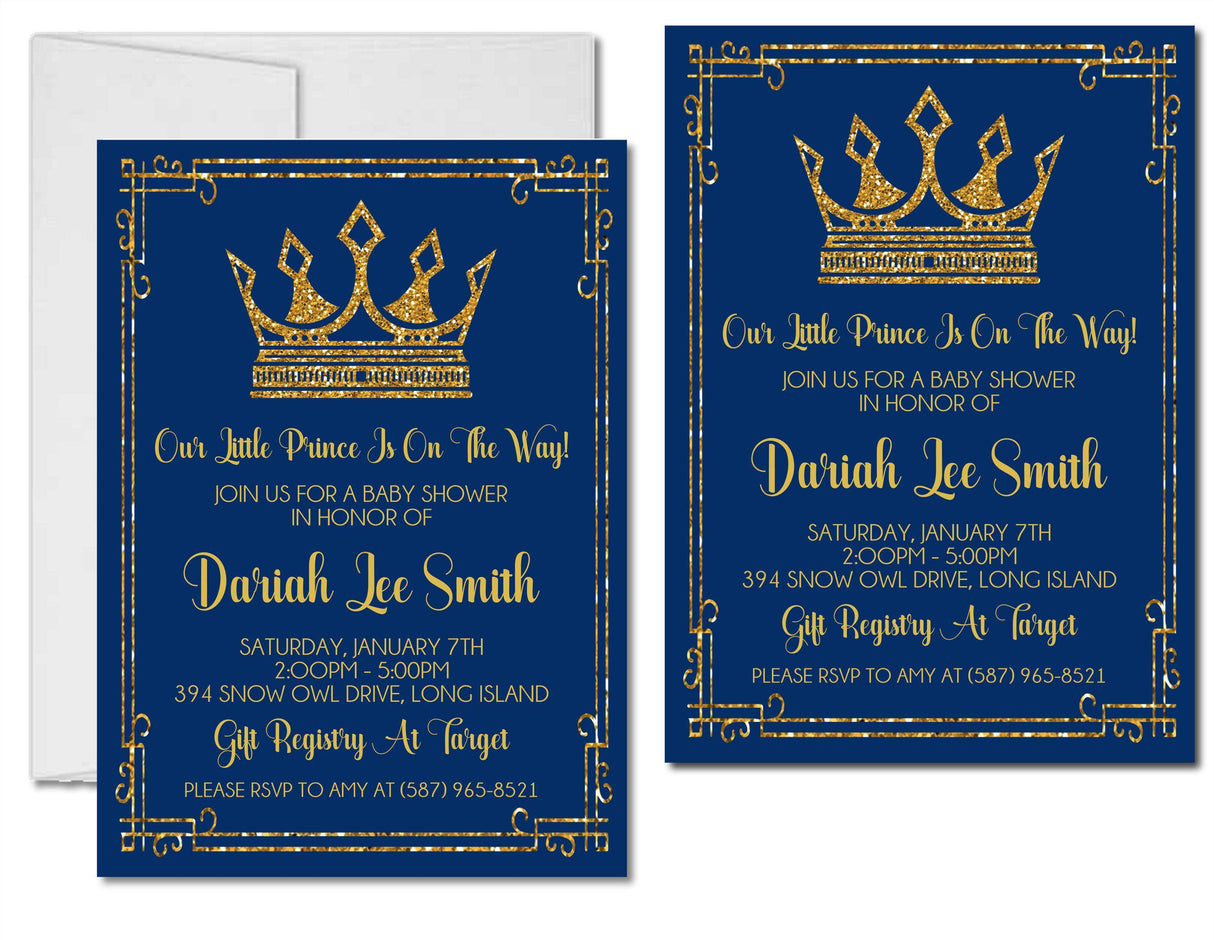 gold crown baby shower invitations elegant prince theme
