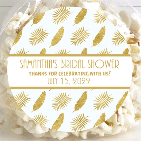 gold tropical bridal shower stickers with palm leaves