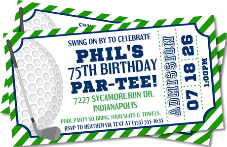 golf ticket birthday invitations green blue sports design