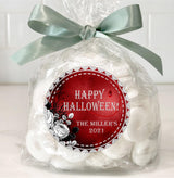 gothic style halloween party sticker with distressed red texture and florals