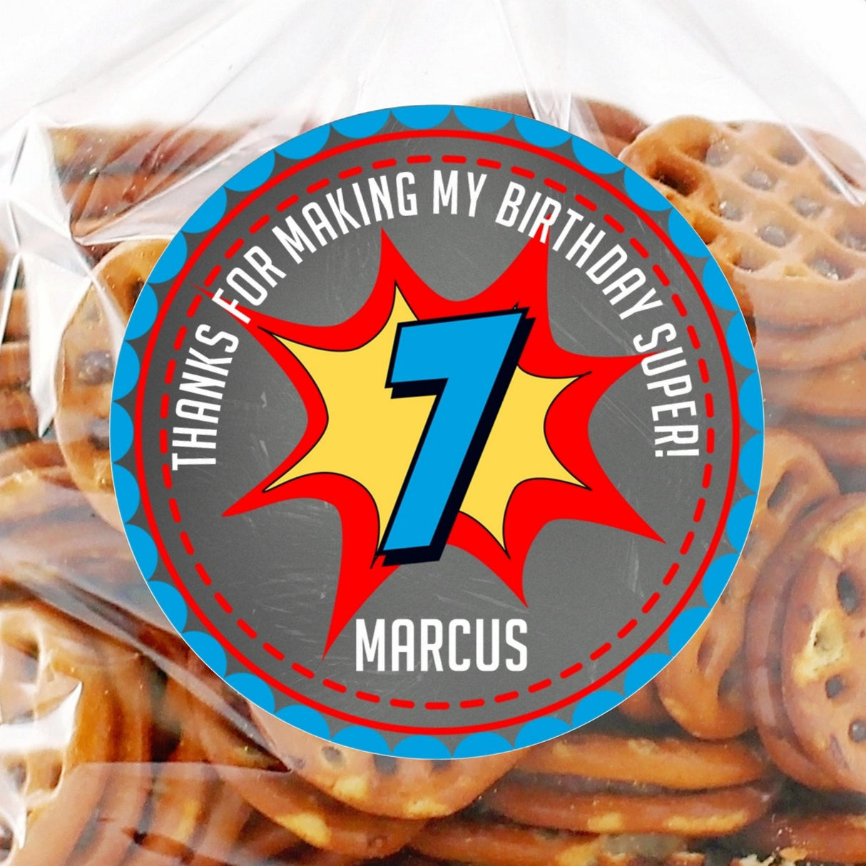 gray center superhero birthday sticker with comic burst