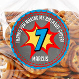 gray center superhero birthday sticker with comic burst