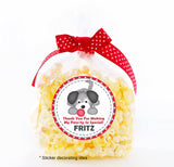 gray puppy birthday sticker with red border