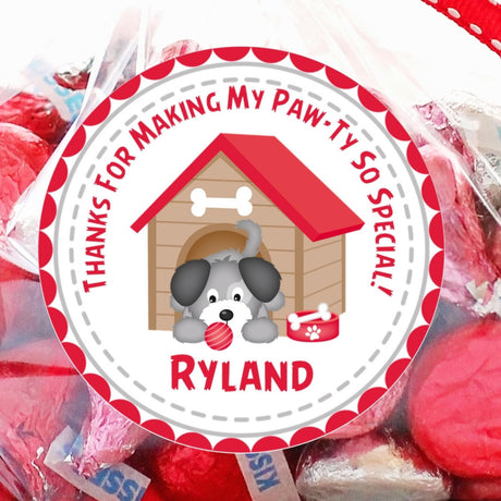 gray puppy party favor label with red accents