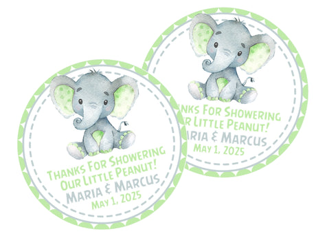 Thank you baby shower stickers – green elephant pattern