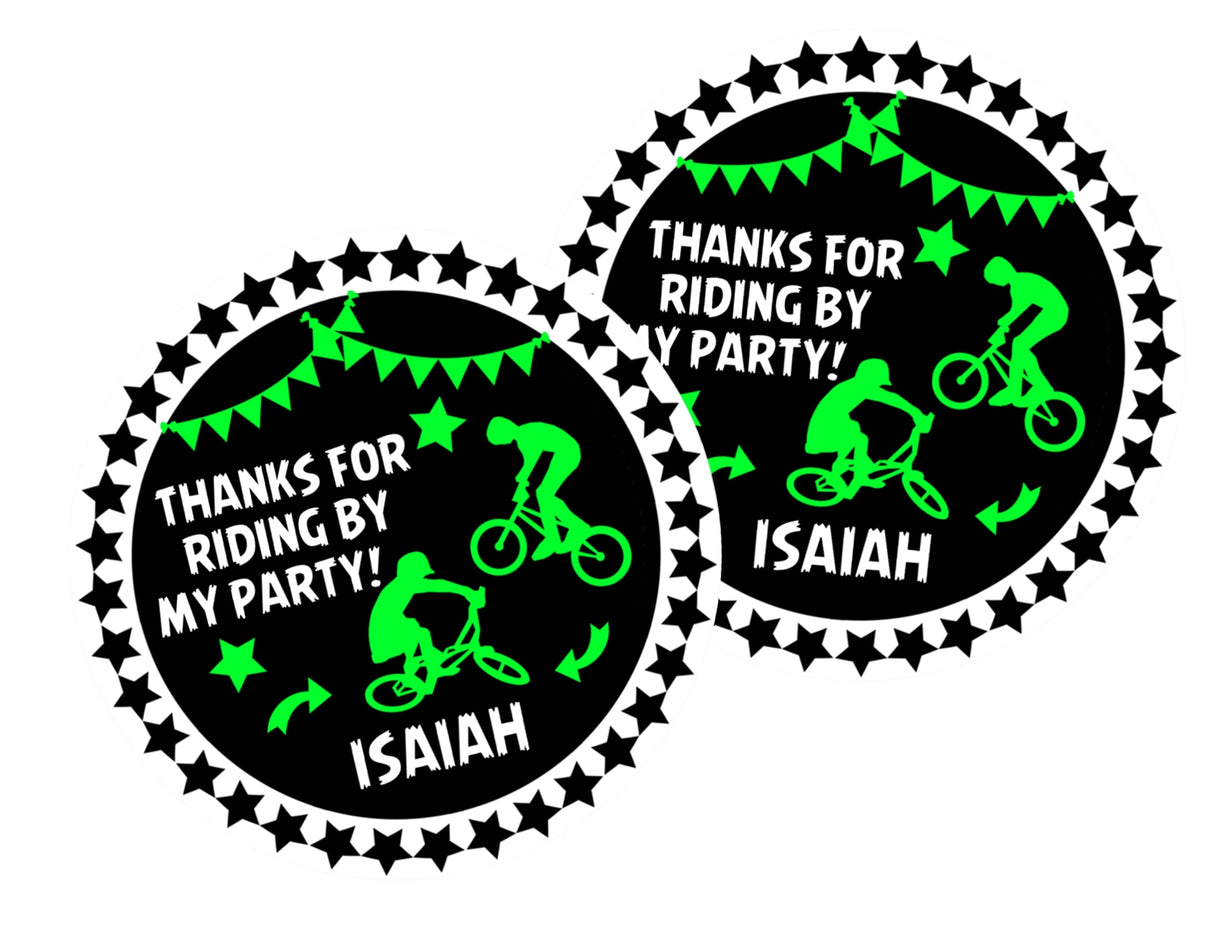 green bicycle theme party favor label
