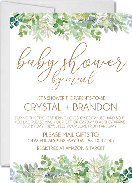 green botanical baby shower by mail invitations with matching address labels
