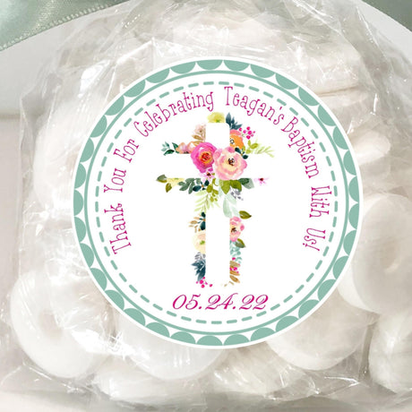 green floral baptism sticker with white floral cross