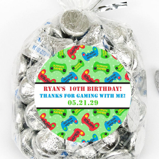 green gamer birthday stickers with colorful video game controllers