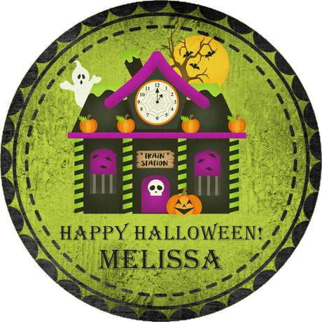 green haunted train station halloween treat bag sticker