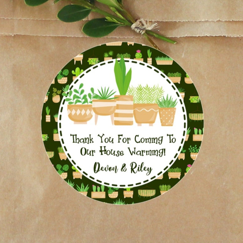 Green botanical housewarming stickers with potted plant design
