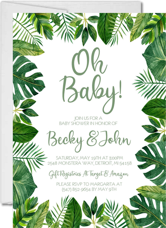 greenery baby shower invitations tropical leaf botanical design