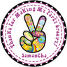 groovy birthday sticker with peace sign and retro themed patterns